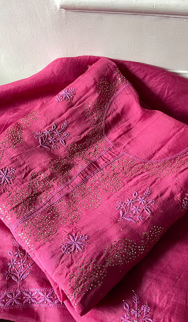 Women's Lakhnavi Handcrafted Pure Organza Chikankari Unstitched Kurta And Dupatta Set- HONC0304142