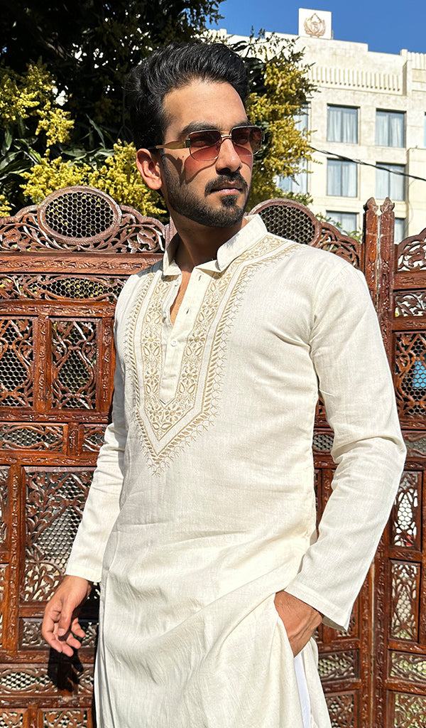 Men's Lucknowi Handcrafted Cotton Chikankari Kurta - HONC0342330