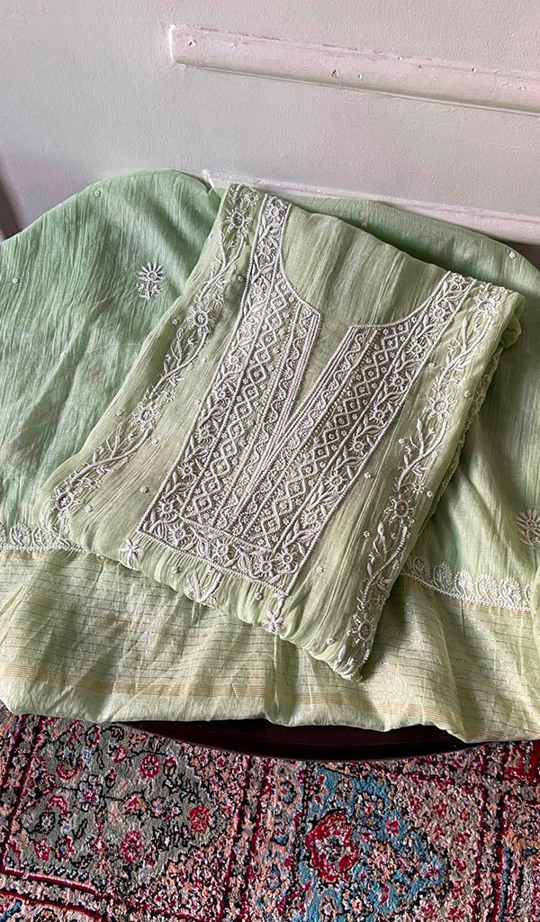 Noreen — Green Pure Mul Chanderi Chikankari 3 Pc Semi-Stitched Suit Set