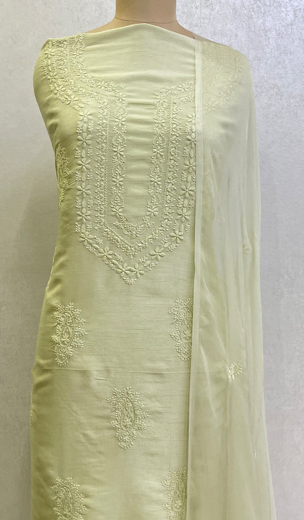 Lakhnavi Handcrafted Raw Silk Chikankari Suit Material - HONC0139731