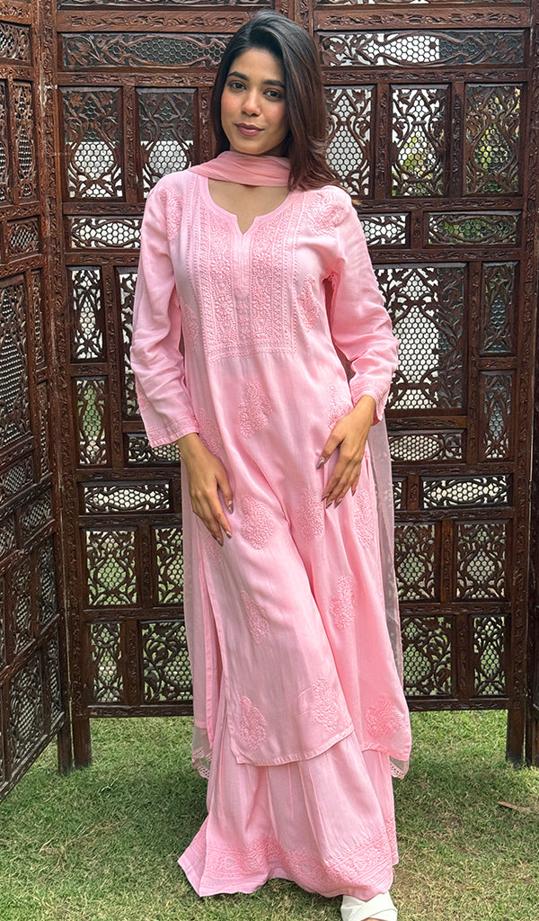 Women's Lakhnavi Handcrafted Modal Cotton Chikankari Kurta Dupatta And Palazzo Set - HONC0247744