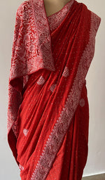 Red Pure Silk Georgette Chikankari Saree