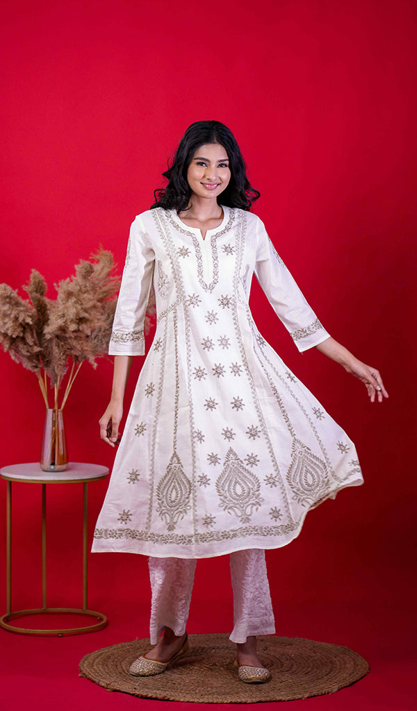 Divya Women's Lucknowi Handcrafted Cotton Chikankari Anarkali Dress - HONC0213345