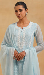 Load image into Gallery viewer, Saziya Women's Lakhnavi Handcrafted Mul Chanderi Chikankari Stitched Kurta, Dupatta And Pant Set - HONC0464646