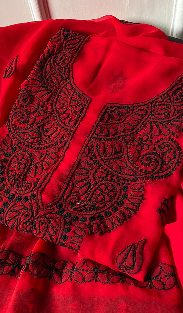 Red Color Women Lucknowi Handcrafted Faux-Georgette Chikankari Semi - Stitched Suit Material