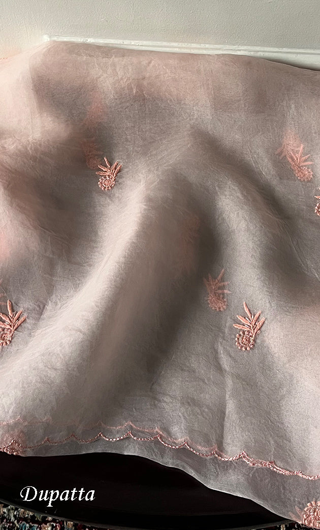 Women's Lakhnavi Handcrafted Pure Organza Chikankari Unstitched Kurta And Dupatta Set- HONC0328269