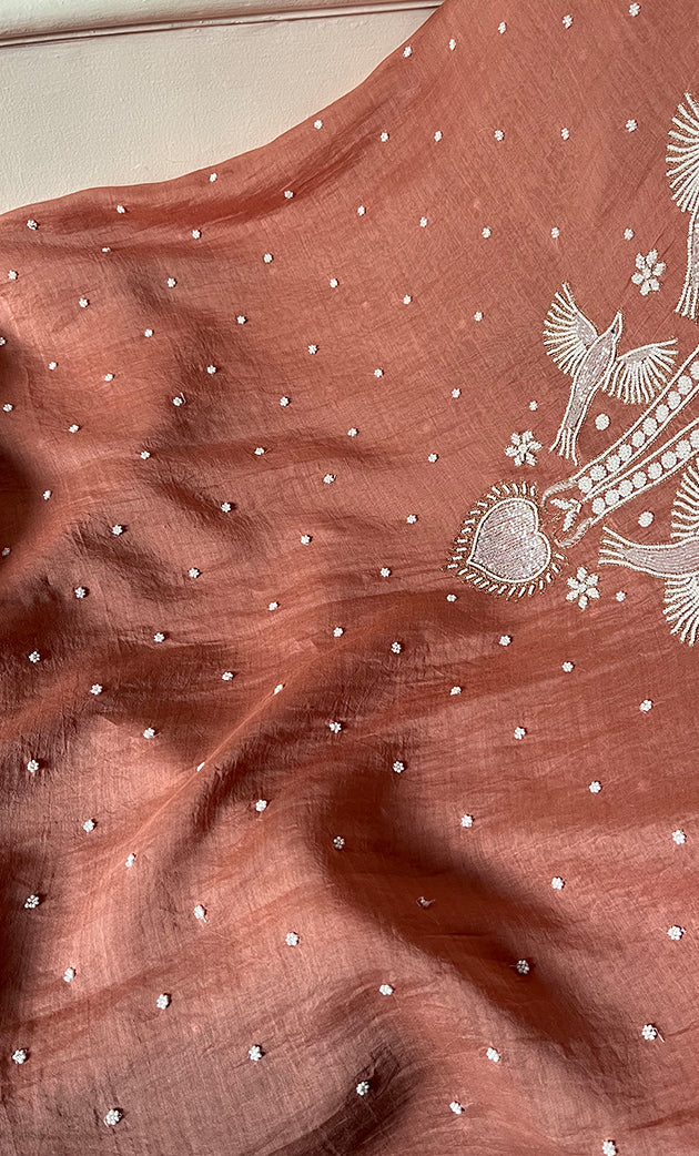 Chidiya Women's Lakhnavi Handcrafted Mul Chanderi Unstitched Kurta And Dupatta Set- HONC0330293