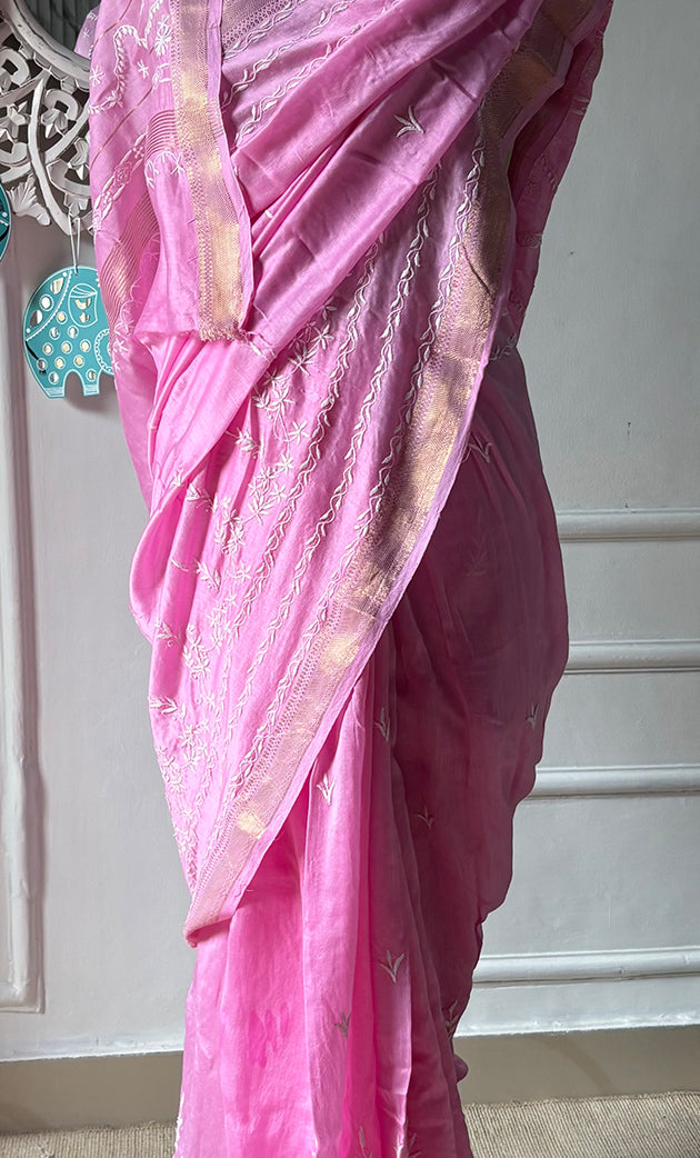 Women's Lakhnavi Handcrafted Chanderi Silk Chikankari Saree - HONC0273491