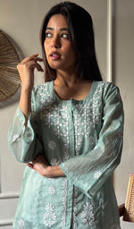 Load image into Gallery viewer, Vaanya Women's Lakhnavi Handcrafted Mul Chanderi Chikankari Top - HONC0334161