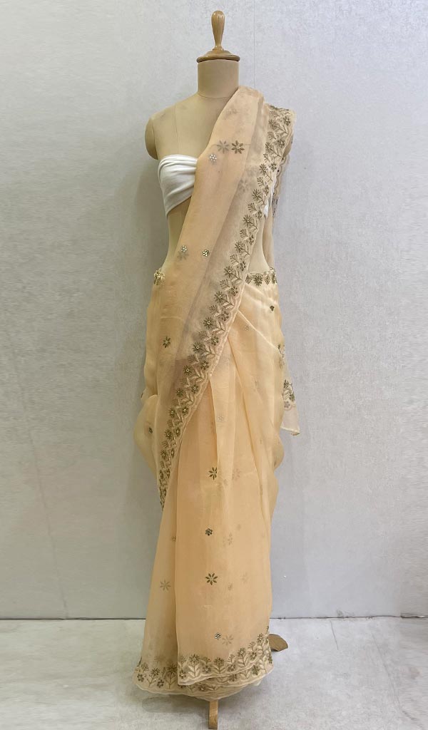 Women's Lucknowi Handcrafted Pure Organza Silk Chikankari Saree - HONC0111124
