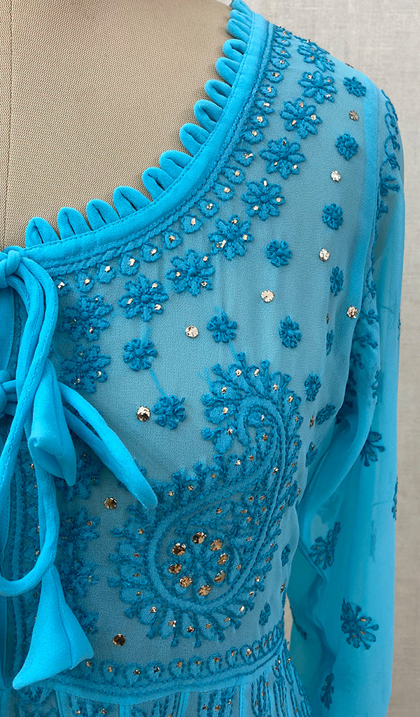 Women's Lakhnavi Handcrafted Turquoise Faux-Georgette Chikankari Anarkali Dress - NC0852