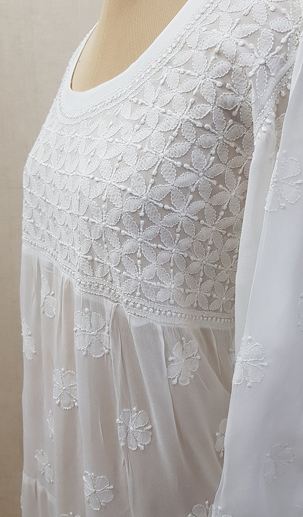 Women's Lakhnavi Handcrafted White Viscose Georgette Chikankari Dress - NC062999