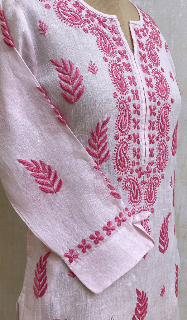 Women's Lakhnavi Handcrafted Baby Pink Linen Cotton Chikankari Kurti - NC065121