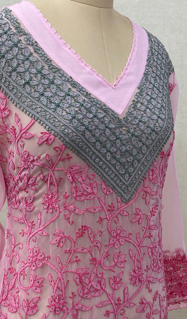 Women's Lucknowi Handcrafted Baby Pink Faux-Georgette Chikankari Kurti - NC065798