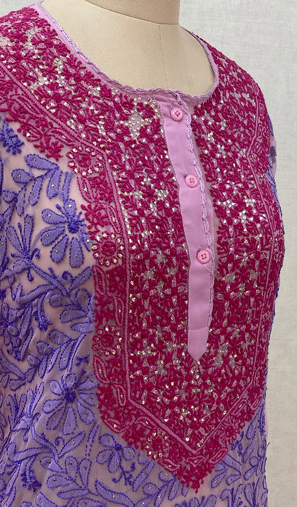 Women's Lakhnavi Handcrafted Purple Faux-Georgette Chikankari Kurti - NC065809