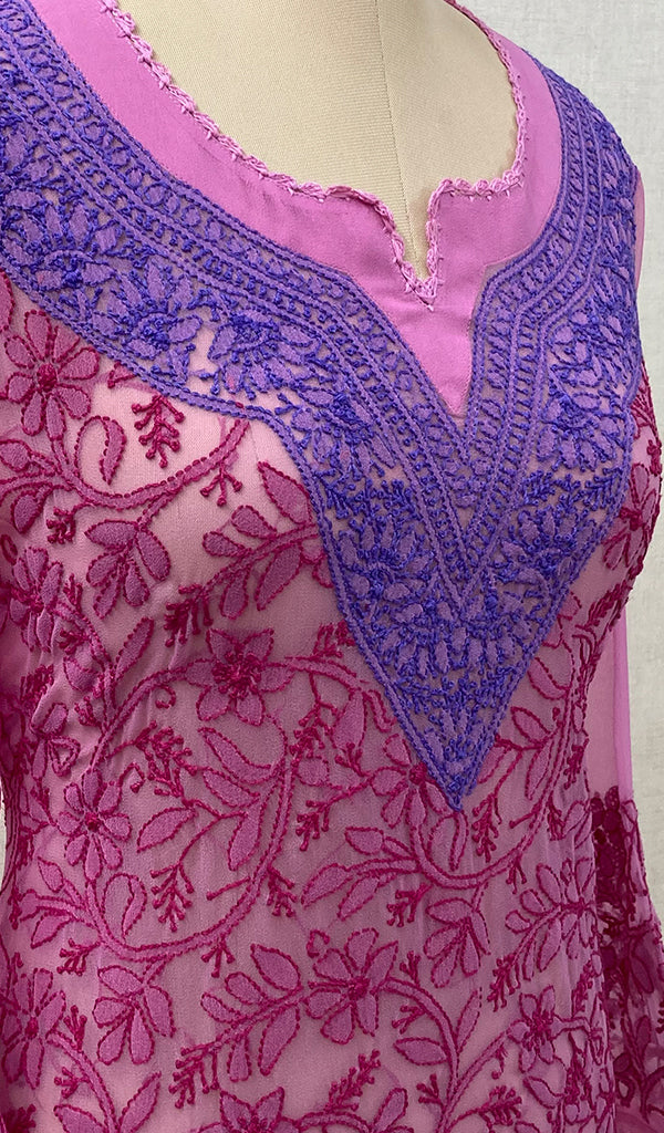 Women's Lakhnavi Handcrafted Dark Pink Faux-Georgette Chikankari Kurti - NC065831