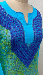 Load image into Gallery viewer, Women&#39;s Lucknowi Handcrafted Turquoise Faux-Georgette Chikankari Kurti - NC065820
