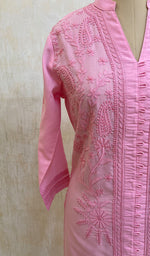 Load image into Gallery viewer, Women&#39;s Lucknowi Handcrafted Baby Pink Cotton Chikankari Kurti - NC068852