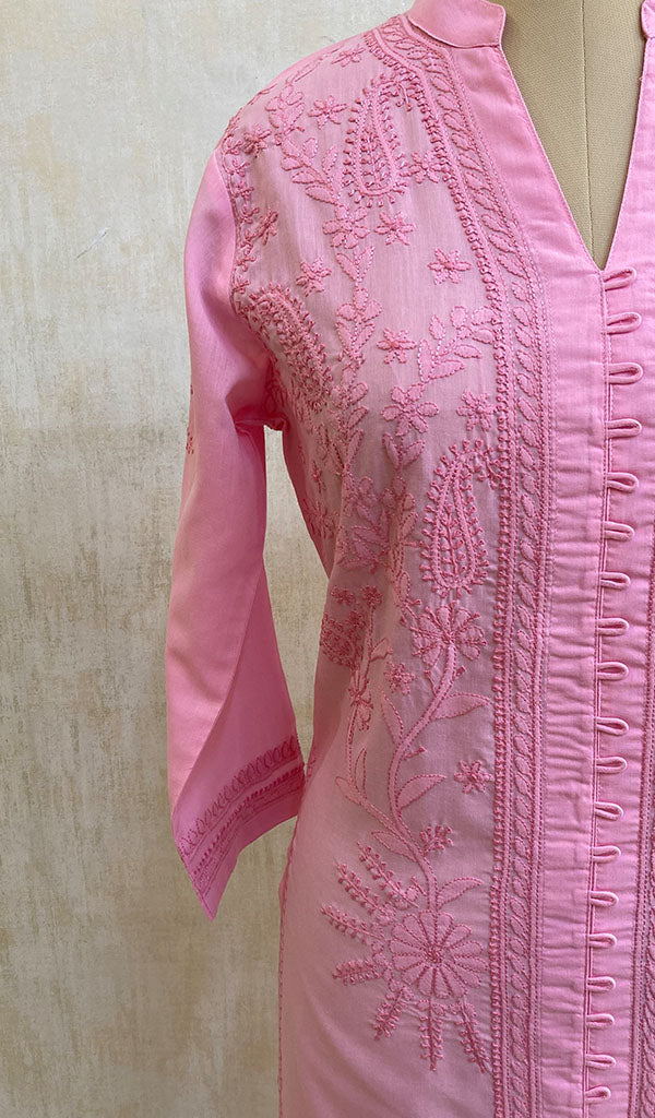 Women's Lucknowi Handcrafted Baby Pink Cotton Chikankari Kurti - NC068852