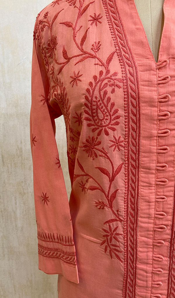 Women's Lakhnavi Handcrafted Pink Cotton Chikankari Kurti - NC068807