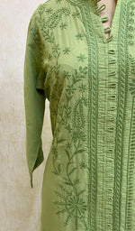 将图像加载到图库查看器中， Women&#39;s Lucknowi Handcrafted Green Cotton Chikankari Kurti - NC068808
