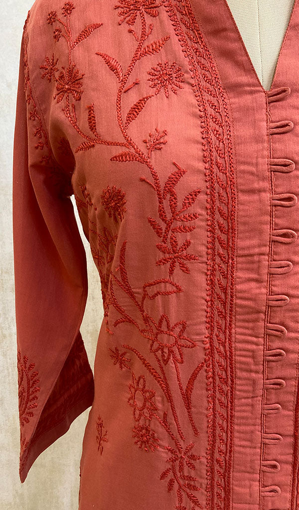 Women's Lucknowi Handcrafted Red Cotton Chikankari Kurti - NC068810