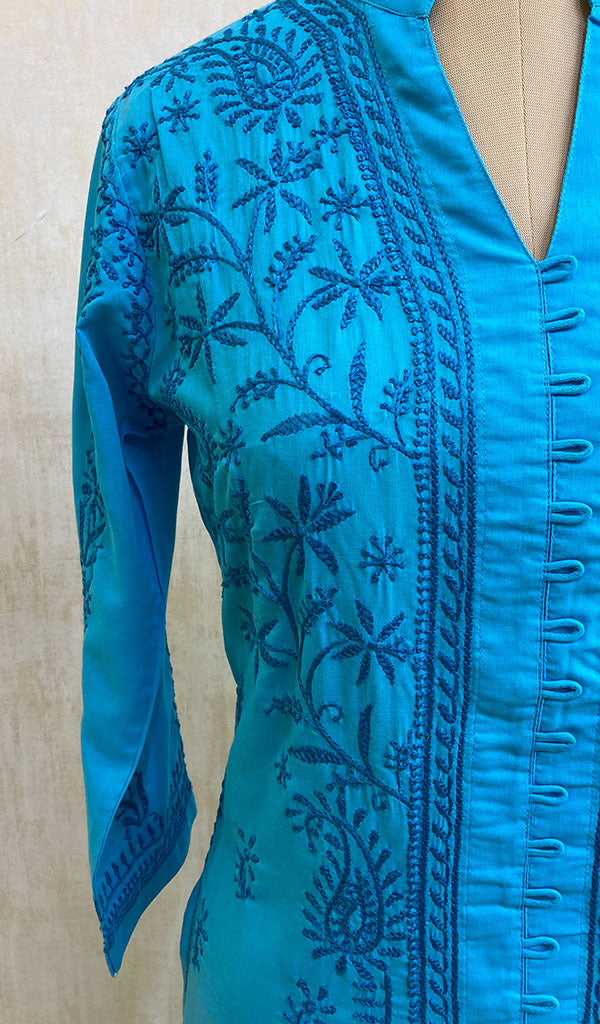 Women's Lakhnavi Handcrafted Turquoise Cotton Chikankari Kurti - NC068811