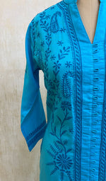 Load image into Gallery viewer, Women&#39;s Lucknowi Handcrafted Turquoise Cotton Chikankari Kurti - NC068812