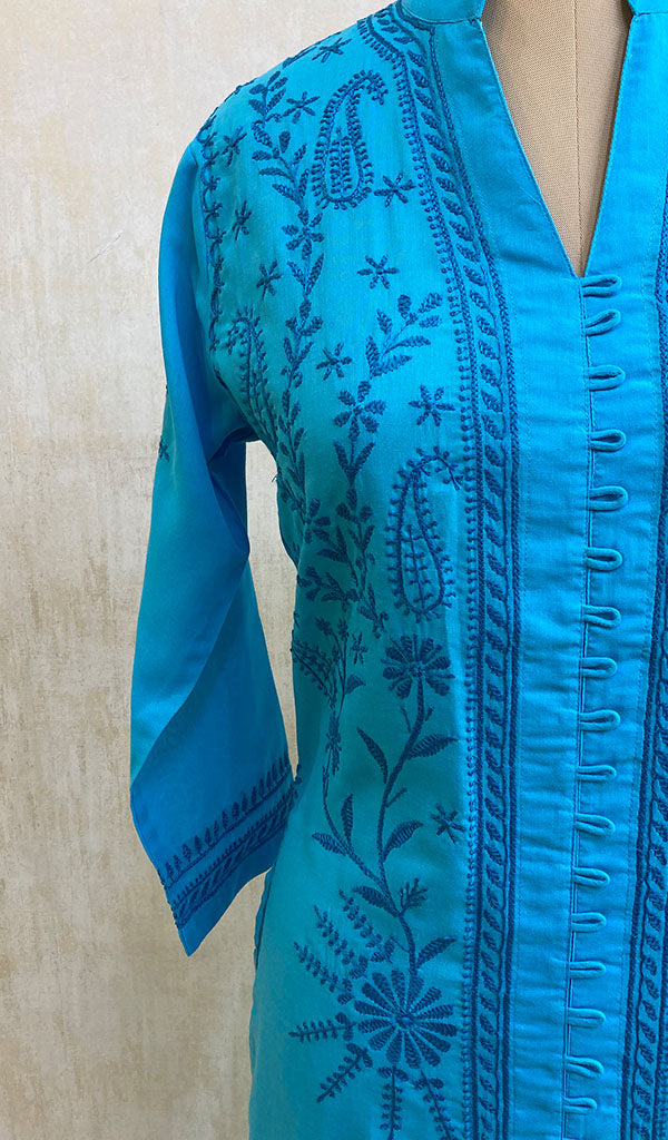 Women's Lucknowi Handcrafted Turquoise Cotton Chikankari Kurti - NC068812