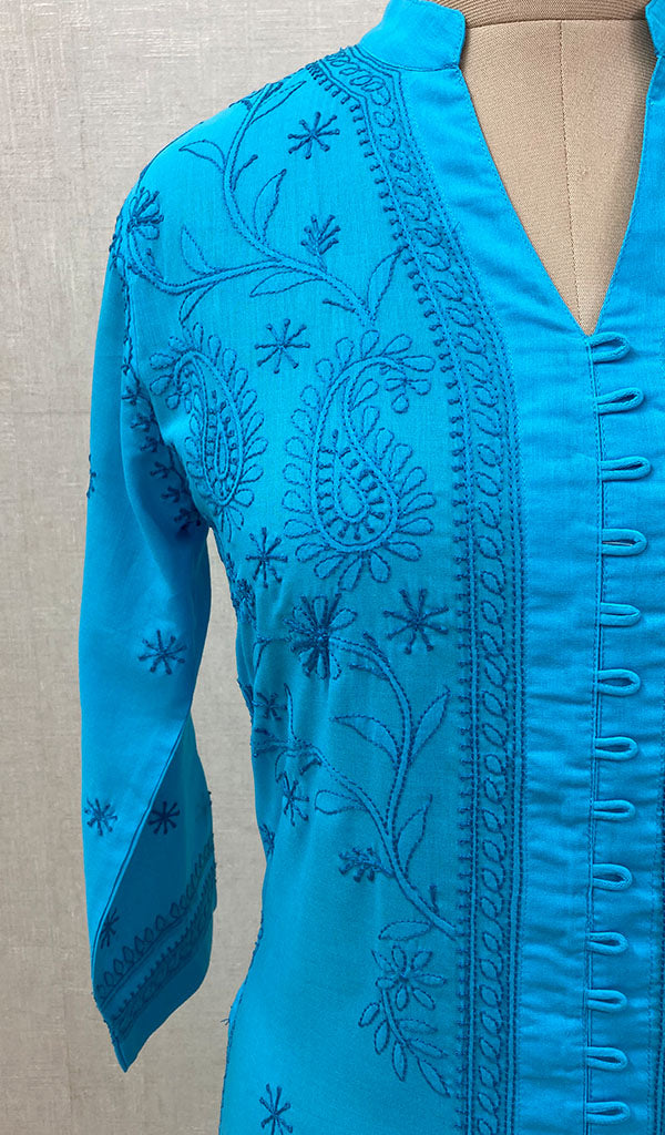 Women's Lakhnavi Handcrafted Turquoise Cotton Chikankari Kurti - NC068813