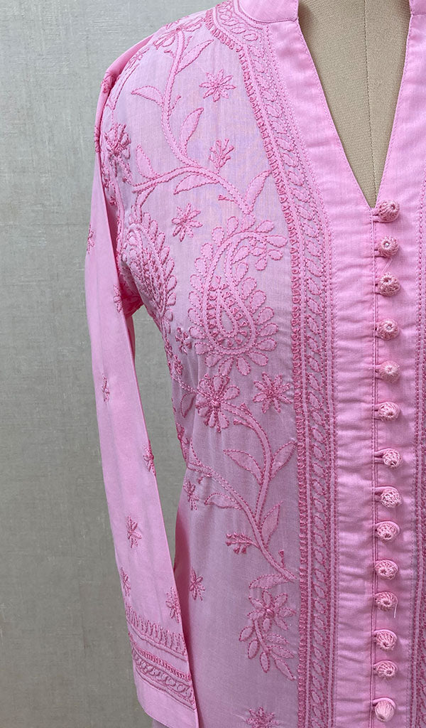Women's Lucknowi Handcrafted Baby Pink Cotton Chikankari Kurti - NC068818