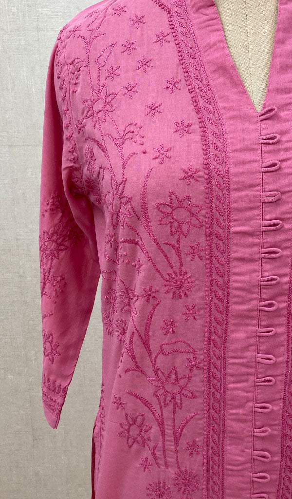 Women's Lakhnavi Handcrafted Dark Pink Cotton Chikankari Kurti - NC068819