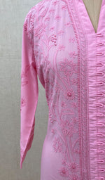 Load image into Gallery viewer, Women&#39;s Lucknowi Handcrafted Baby Pink Cotton Chikankari Kurti - NC068822
