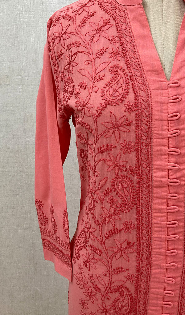Women's Lucknowi Handcrafted Pink Cotton Chikankari Kurti - NC068824