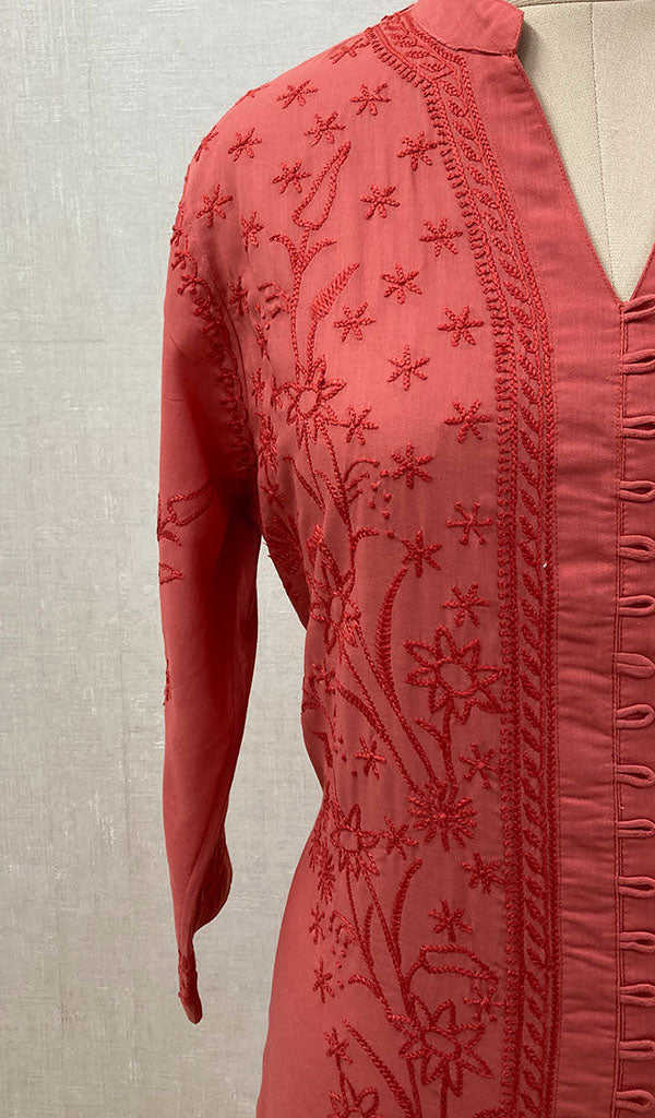 Women's Lucknowi Handcrafted Dark Pink Cotton Chikankari Kurti - NC068830