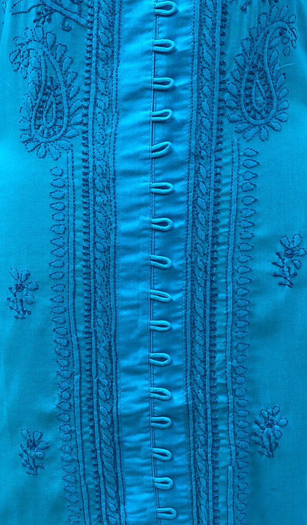 Women's Lucknowi Handcrafted Turquoise Cotton Chikankari Kurti - NC068840