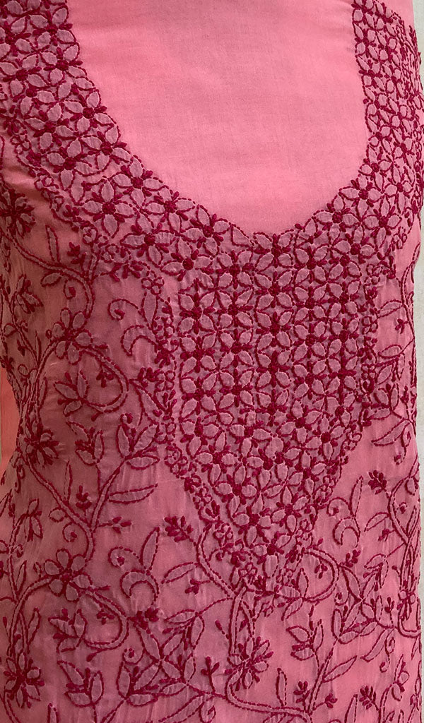 Lakhnavi 手工制作粉色棉质 Chikankari 西装材料 - Nc072506