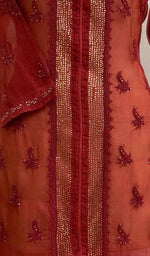 Load image into Gallery viewer, Women&#39;s Lakhnavi Handcrafted Red Organza Chikankari Kurti - NC075881
