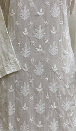 将图像加载到图库查看器中， 勒克瑙手工制作的白色棉质 Chikankari Kurti - HONC03186