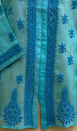 将图像加载到图库查看器中， Women&#39;s Lucknowi Handcrafted Turquoise Tussar Silk Chikankari Top - HONC03070