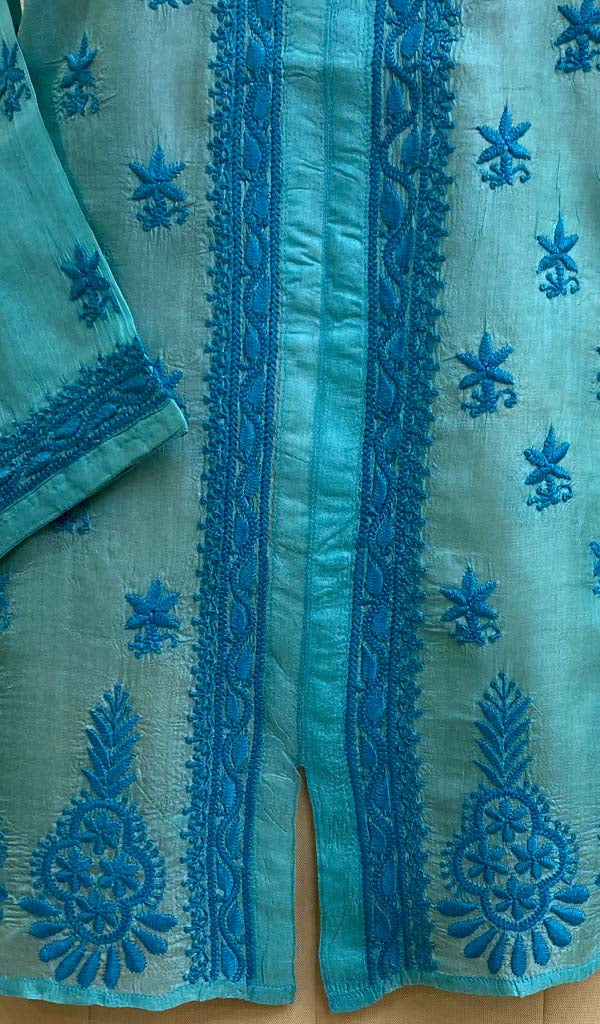 Women's Lucknowi Handcrafted Turquoise Tussar Silk Chikankari Top - HONC03070