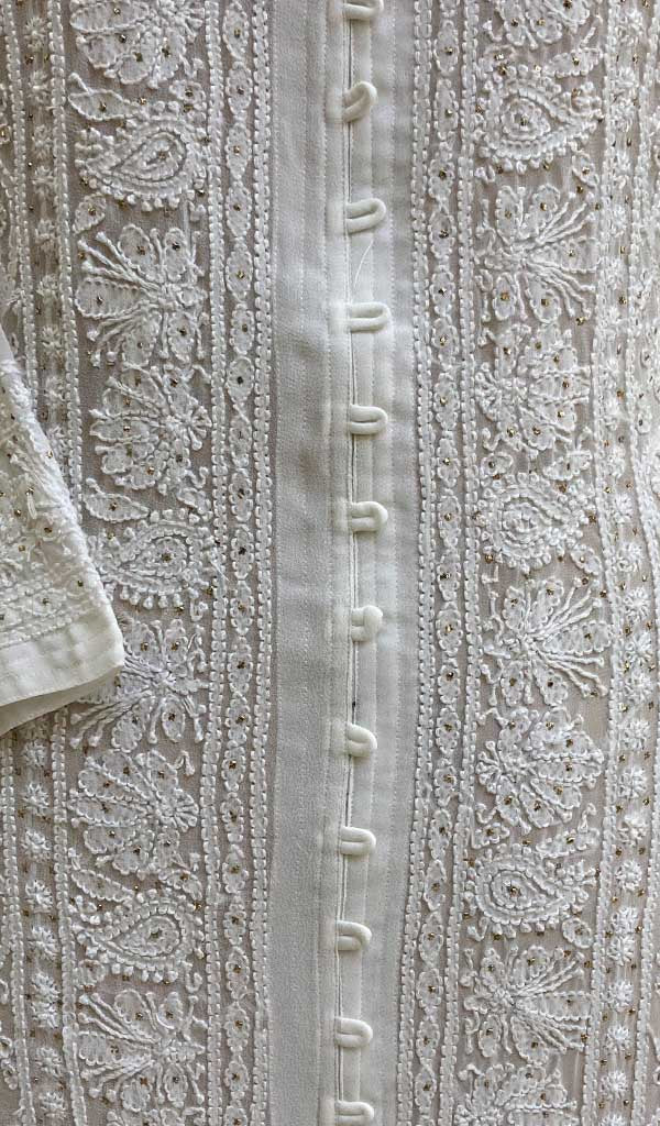 Women's Lakhnavi Handcrafted White Faux-Georgette Chikankari Dress - HONC011170
