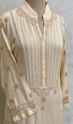 Load image into Gallery viewer, Women&#39;s Lakhnavi Handcrafted Beige Modal Cotton Chikankari Kurti - HONC011820