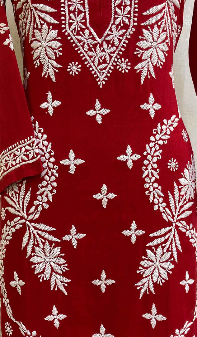 Women's Lucknowi Handcrafted Red Cotton Chikankari Kurti - HONC020836
