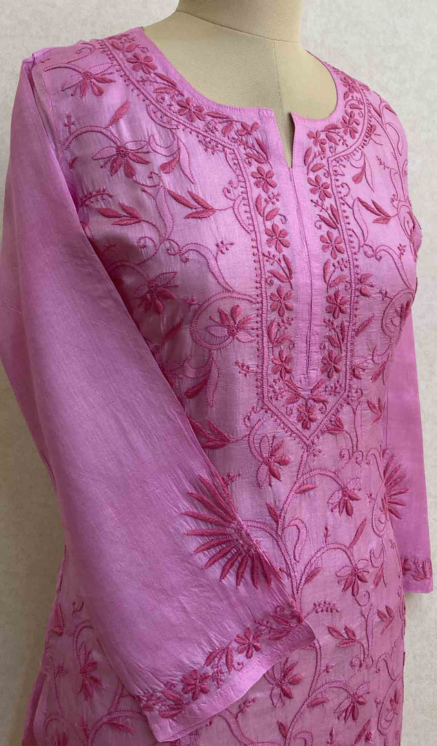 Women's Lakhnavi Handcrafted Tussar Silk Chikankari Kurti - HONC021093