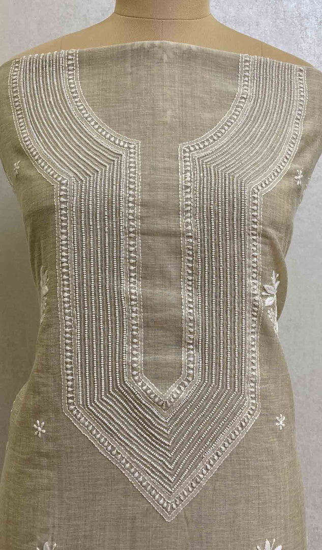 Women's Lucknowi Handcrafted Khadi Cotton Chikankari Unstitched Kurti Fabric - HONC028206