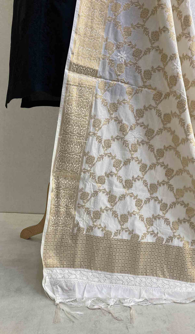 Lakhnavi 手工制作 Chanderi 丝绸 Chikankari Dupatta - Honc049264