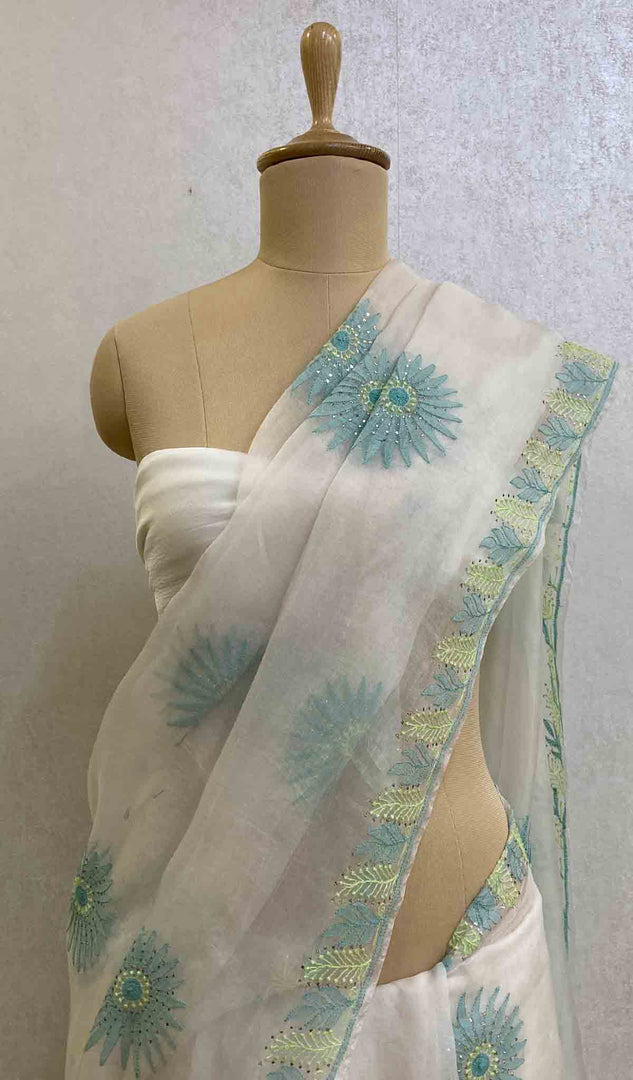 Women's Lucknowi Handcrafted Pure Organza Silk Chikankari Saree - HONC043408