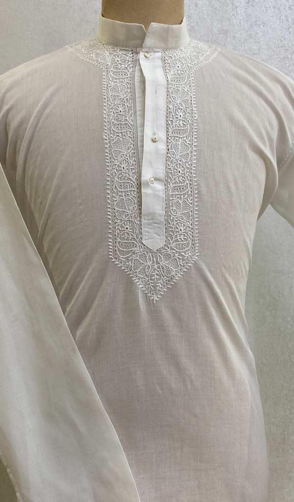 Men's Lucknowi Handcrafted Cotton Chikankari Kurta - HONC054301