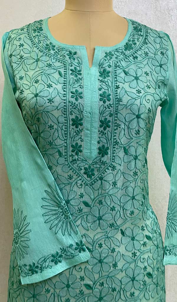 Women's Lakhnavi Handcrafted Tussar Silk Chikankari Kurti - HONC044073
